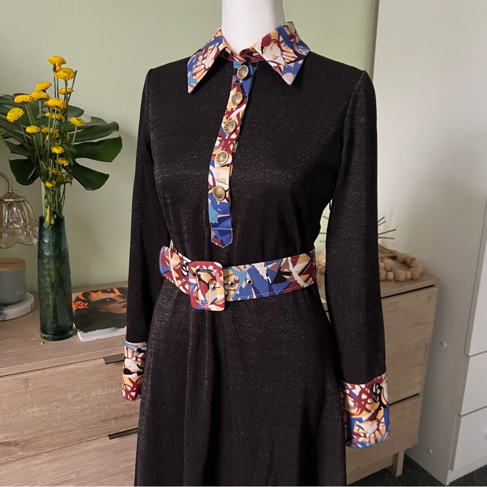 Modest Black Glitter & Vintage Floral Antique Gold Button Fit & Flare Dress Sz S - Picture 3 of 16